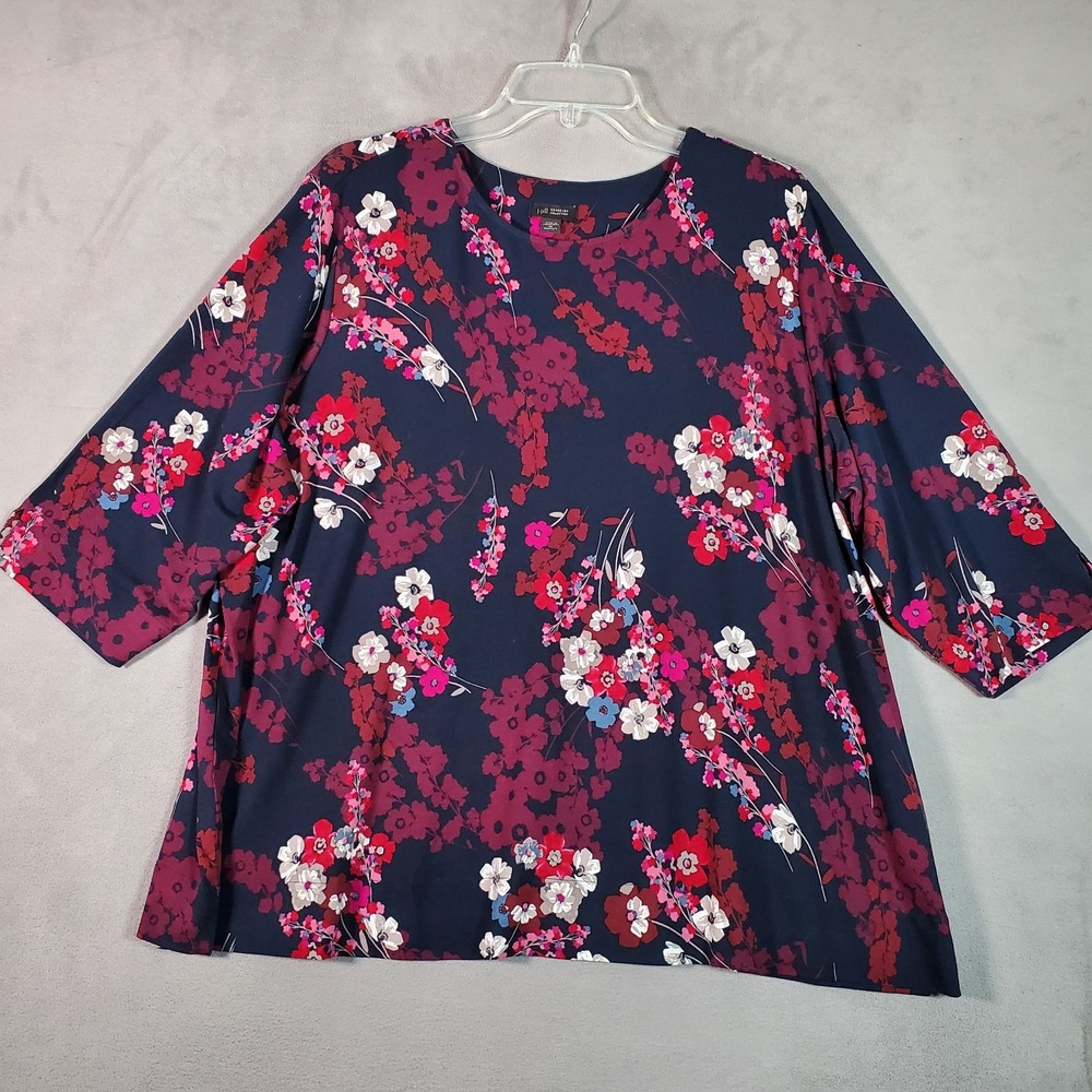 J Jill Wearever‎ Womens Top 2X Blue Red Pink Floral 3/4 Sleeve Pullover Travel